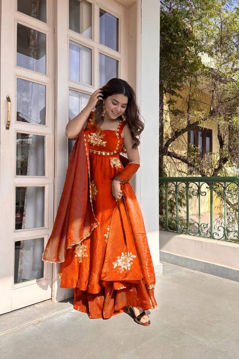 orange color anarkali dress Charming Thread With Sequence Work Gown catching look that is DONNA KARAN NEW YORK Color:BLUE-WHITE Consignment Boutique Prom Dress