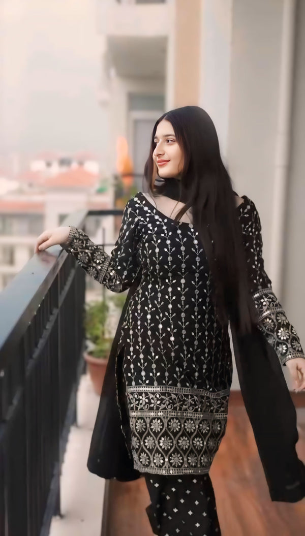 Festive Wear Black Color Faux Blooming With 5mm Sequins Embroidery Work Beautiful Salwar Suit