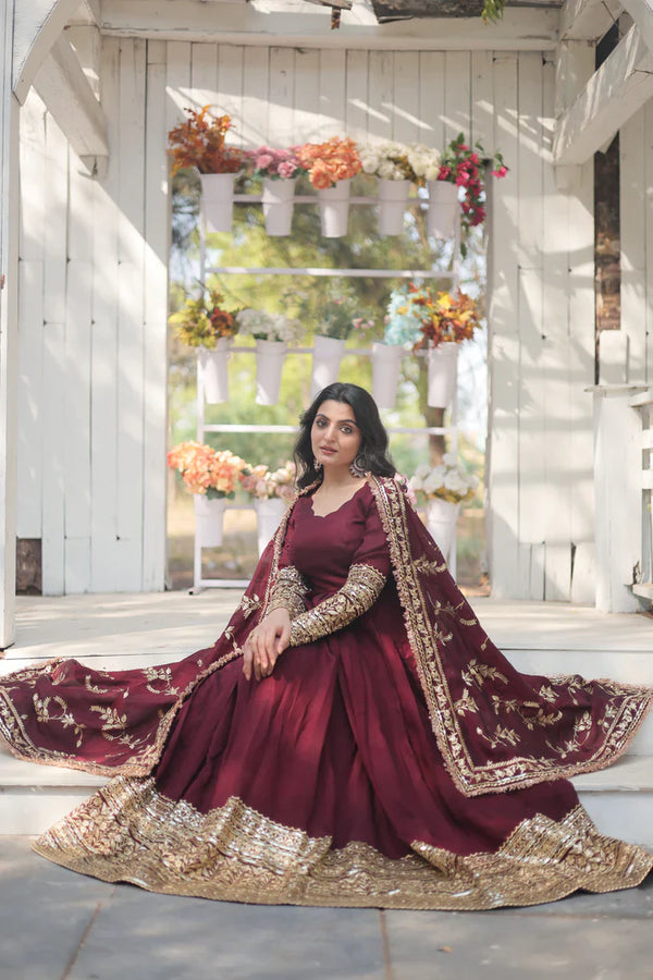 Function Wear Maroon Color Vichitra Shimmer with Rich Sequins Embroidered Work Designer Gown