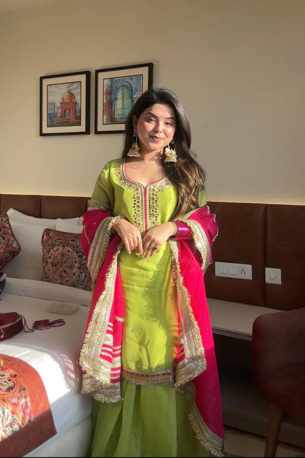Designer Green Color Faux Blooming With Codding Zari Embroidered Sequins Work Beautiful Sharara Suit