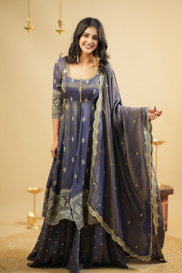 Saakshi`s Grey Thread With Sequence Work Beautiful Anarkali With Skirt Suit Set