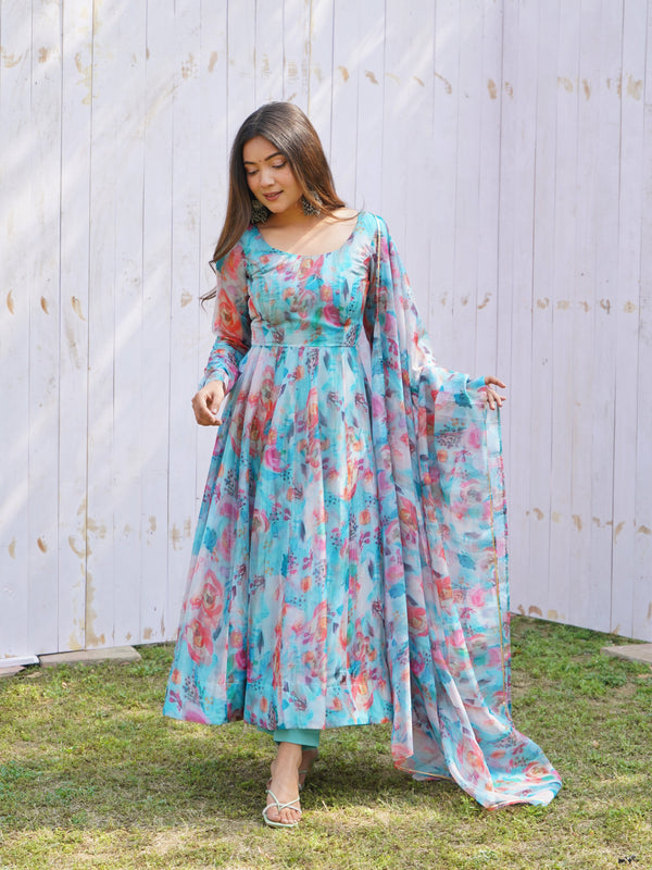 Exclusive Sky Blue Color Organza Silk Anarkali Suit