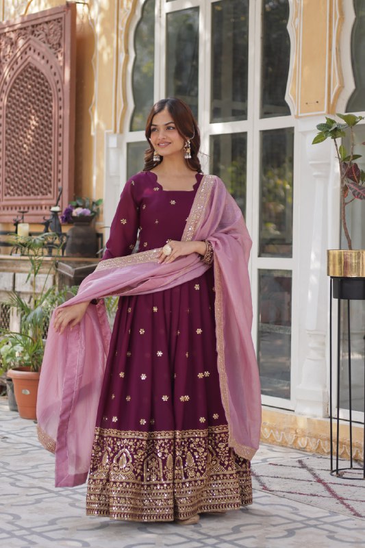 Luxuriant Wine Color Embroidery Zari Sequins Work Designer Gown