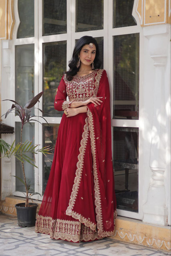 Wedding Wear Maroon Color Embroidery Zari Sequins Work Designer Gown