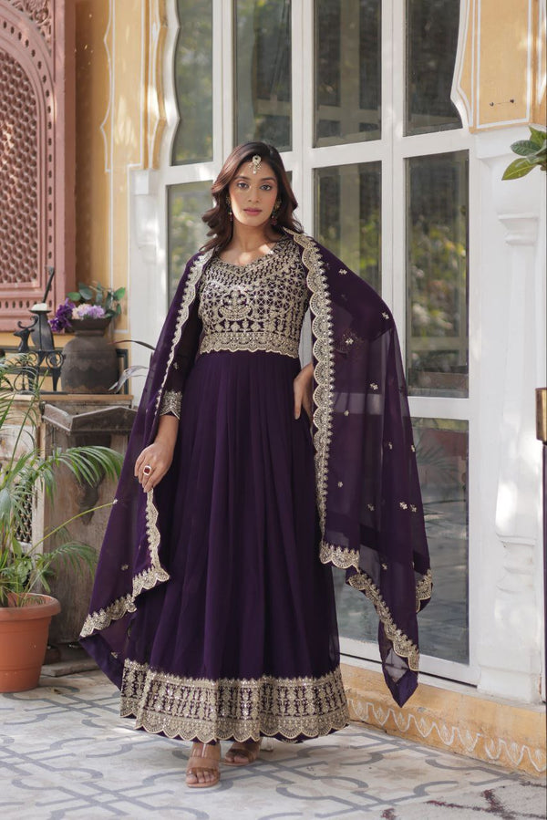 Wedding Wear Purple Color Embroidery Zari Sequins Work Designer Gown