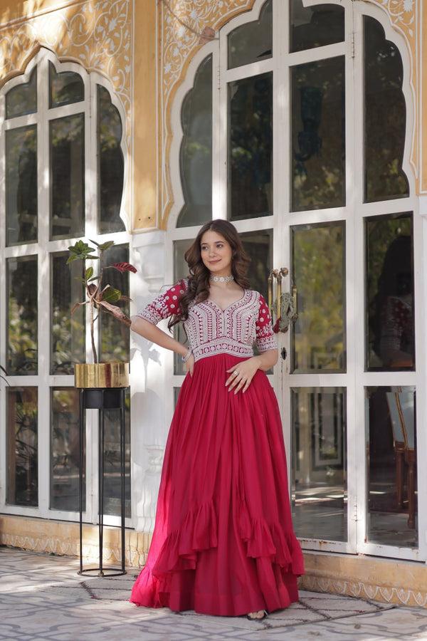 Celebrity Style Red Color Embroidery Beads Sequins Work Kurti With Lehenga