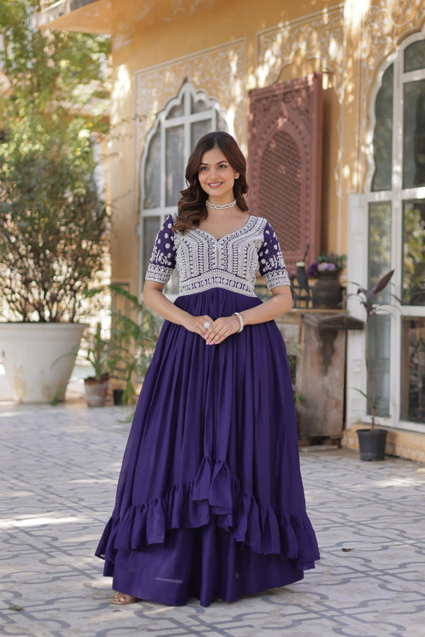 Celebrity Style Navy Blue Color Embroidery Beads Sequins Work Kurti With Lehenga