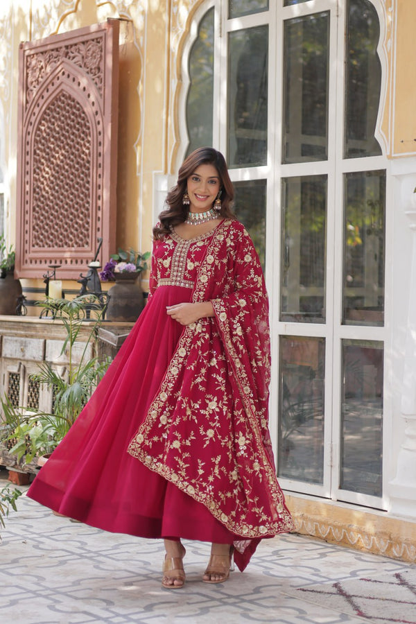 Wedding Wear Pink Color Sequins Embroidered Work Gown