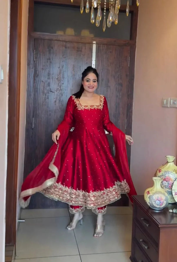 Festive Wear Red Color Heavy Pure Vichitra Silk With Embroidery 5mm Sequence Work Anarkali Suit