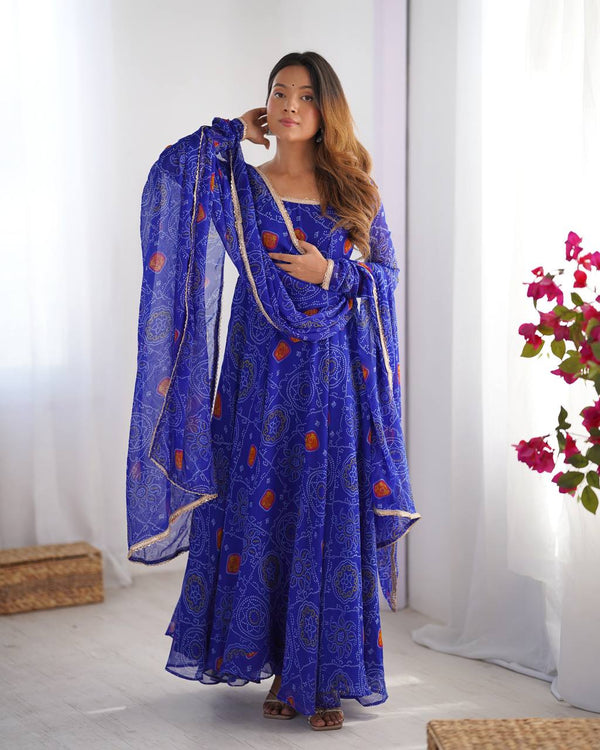 Designer Wear Royal Blue Color Lightweight Chiffon Bandhej Fabric Designer Gown