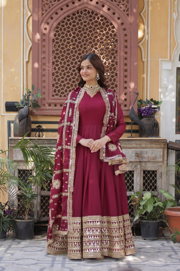 Maroon Color Embroidery Zari Sequins Work Designer Gown