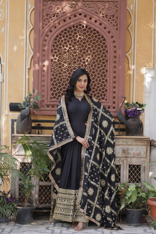 Gorgeous Black Color Embroidery Zari Sequins Work Designer Gown