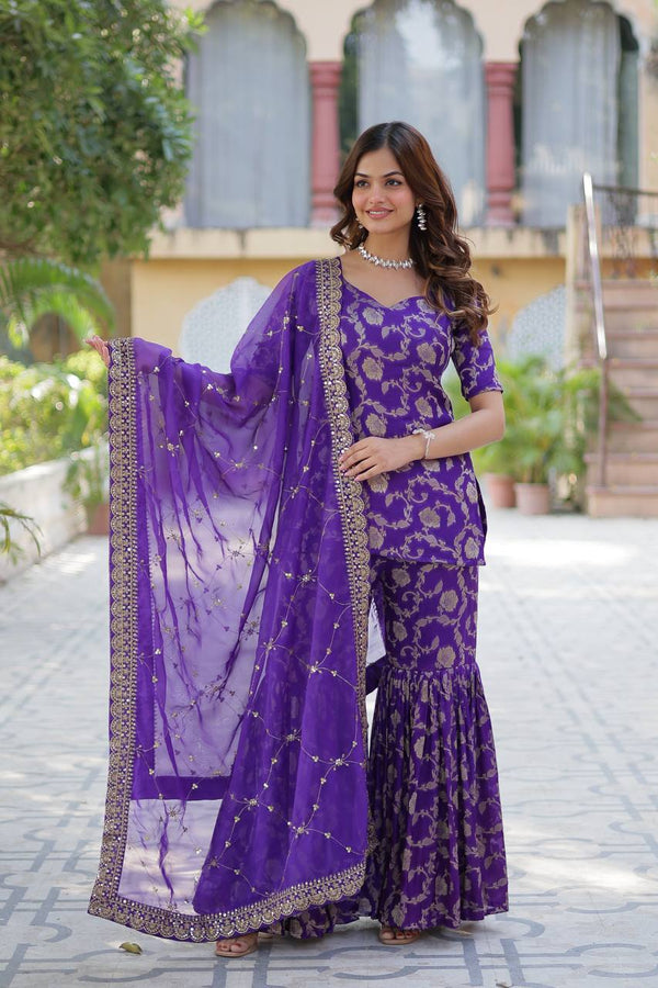 Wedding Wear Purple Color Designer Sharara Suit