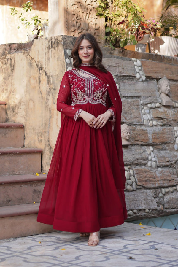 Beautiful Maroon Color Multi Beads Embroidered Work Gown