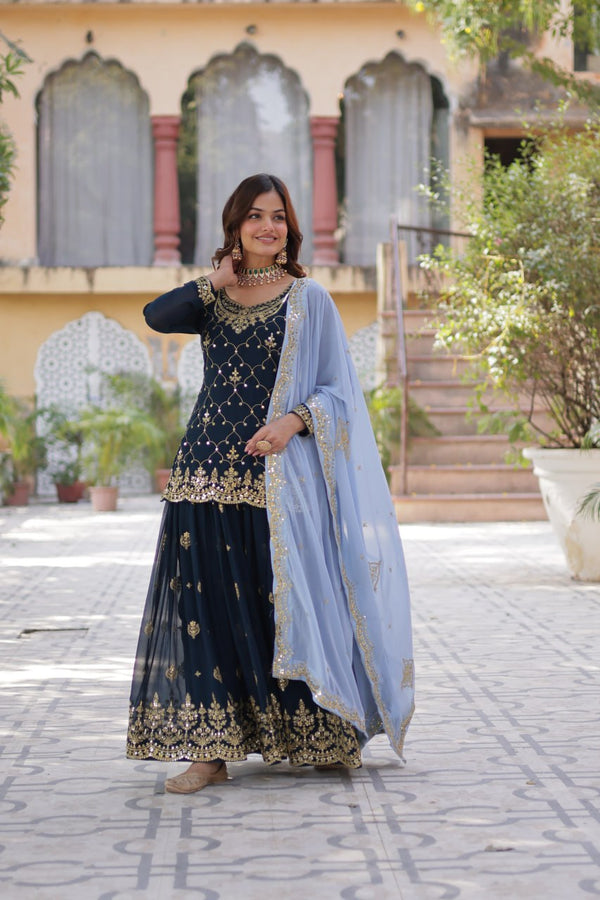 Wedding Wear Teal Green Color Sequins Embroidered Designer Kurit Palazzo Suit