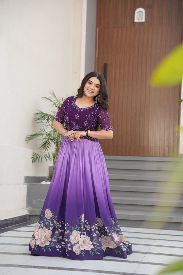 Function Wear Purple Color Embroidered Work Digital Printed Gown