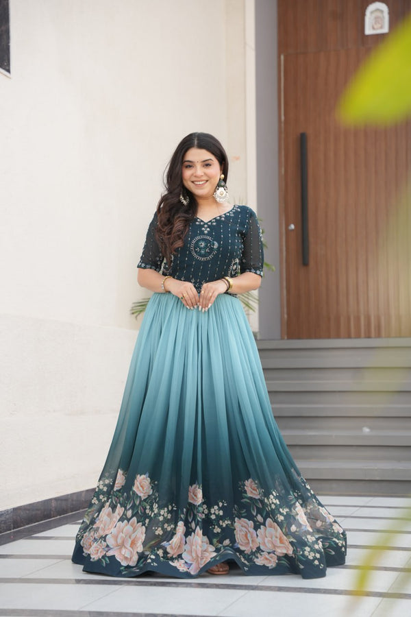 Function Wear Sky Color Embroidered Work Digital Printed Gown