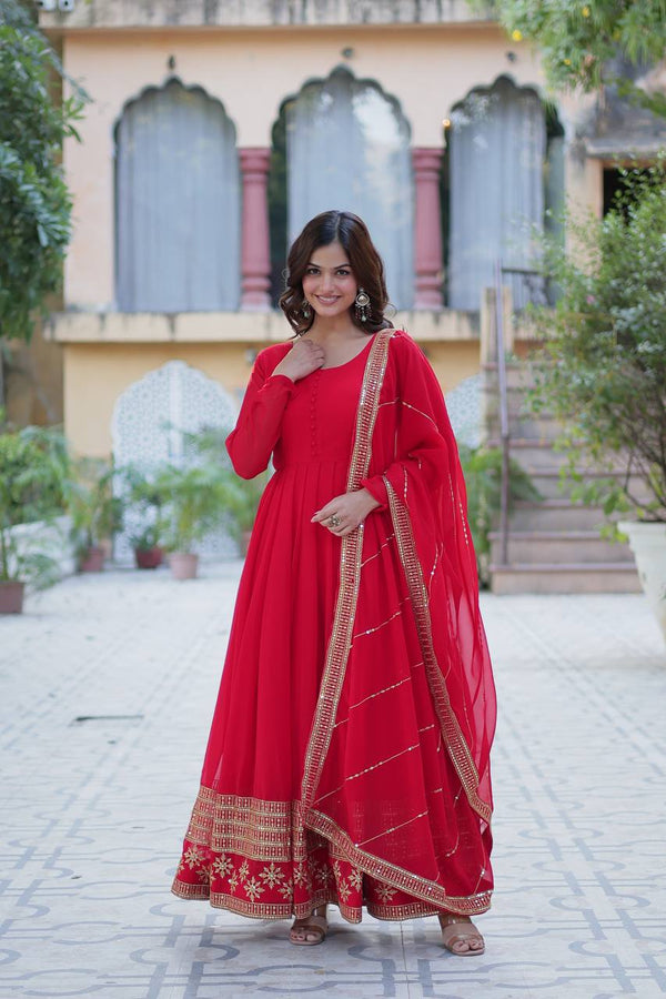 Wedding Wear Red Color Multi Sequins Embroidered Work Designer Gown