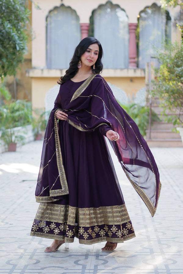 Festive Wear Purple Color Sequins Embroidered Work Designer Gown