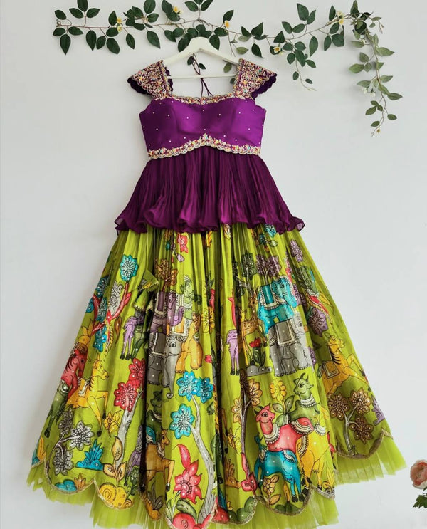 Designer Kediya Style Green and Purple Color Printed Lehenga Choli Set