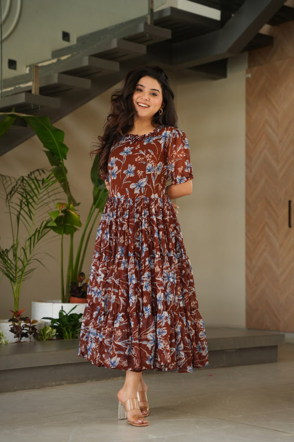 Festive Wear Coffee Color Printed Designer Anarkali Gown