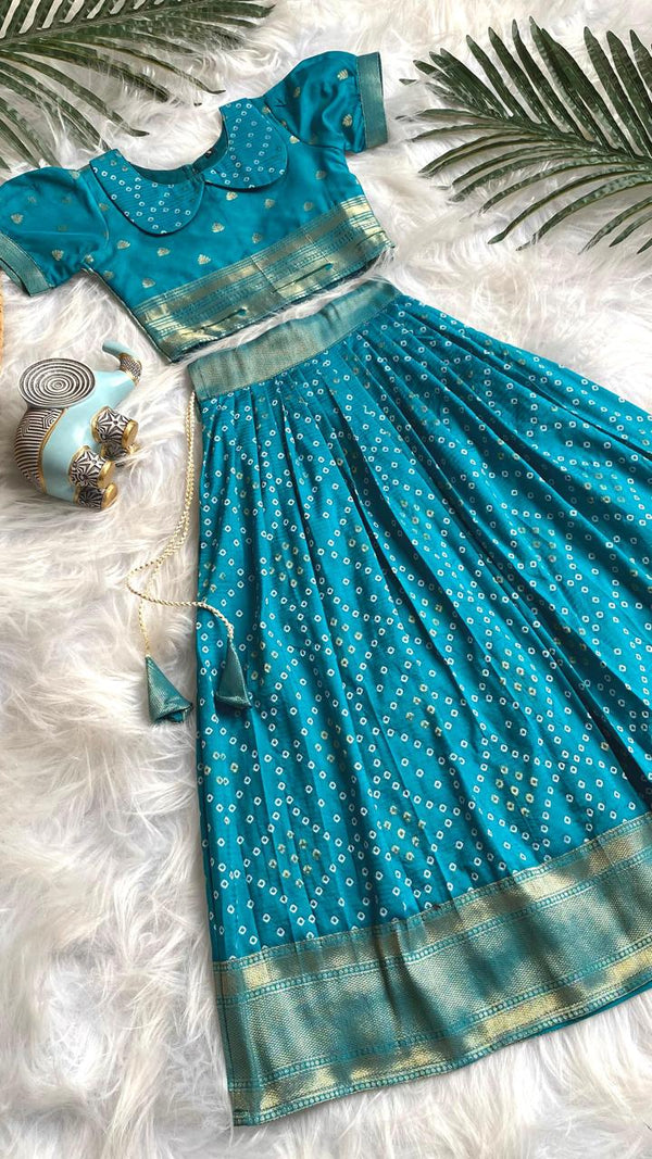 Beautilful Sky Blue Color Designer Bandhej Kids Lehenga Choli
