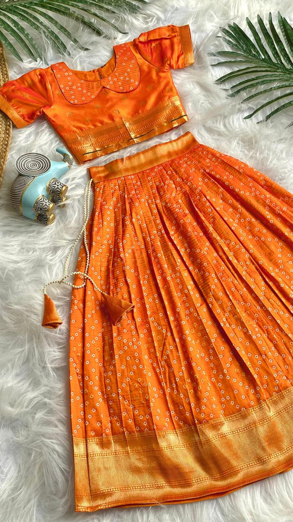 Beautilful Orange Color Designer Bandhej Kids Lehenga Choli