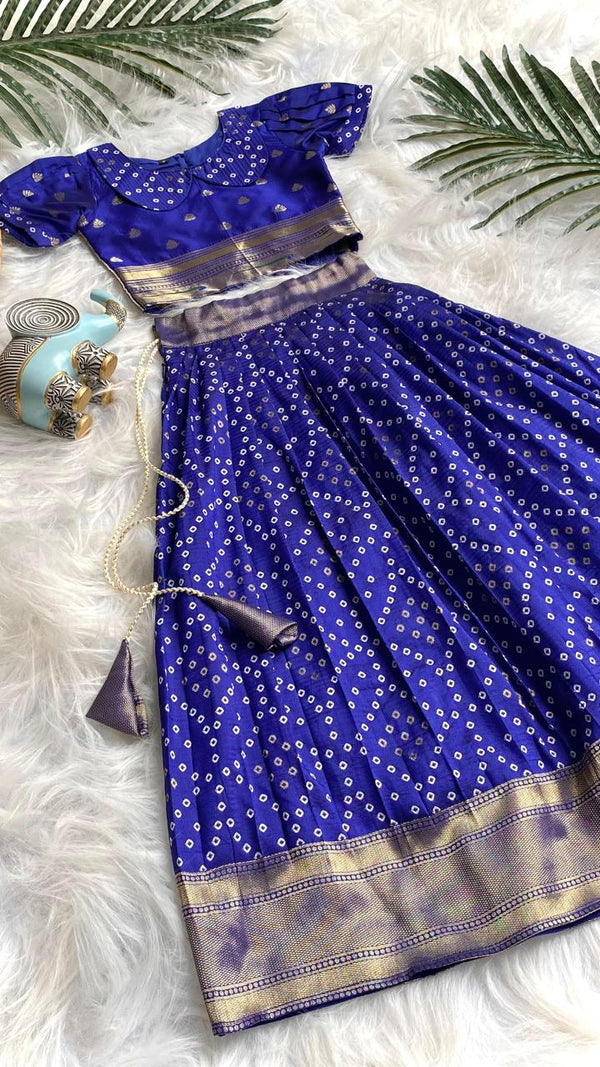 Beautilful Blue Color Designer Bandhej Kids Lehenga Choli
