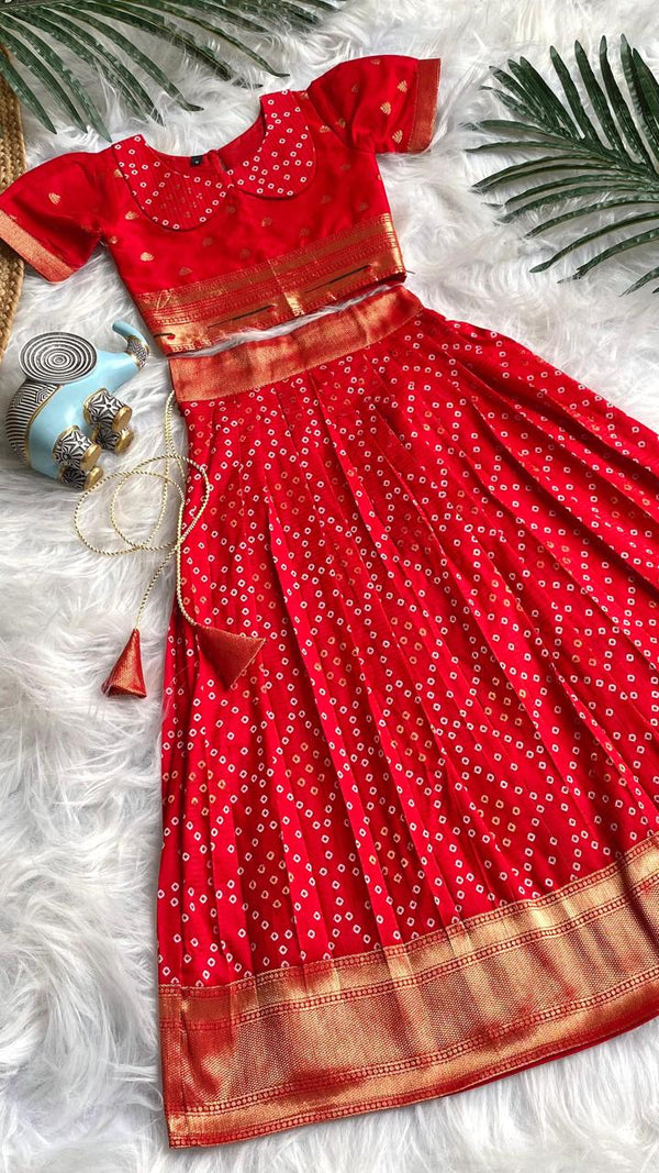 Beautilful Red Color Designer Bandhej Kids Lehenga Choli