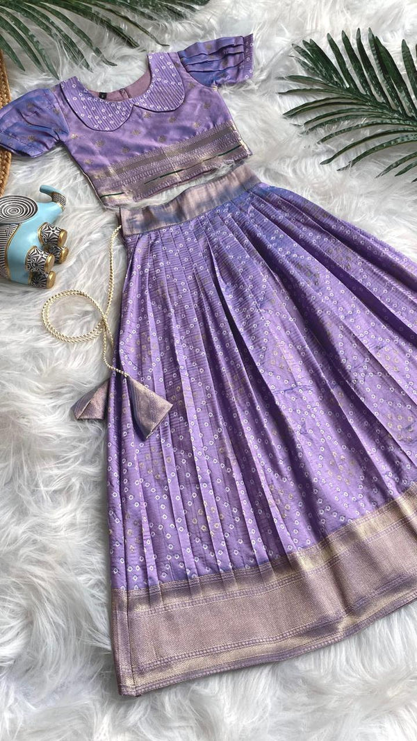 Beautilful Lavender Color Designer Bandhej Kids Lehenga Choli