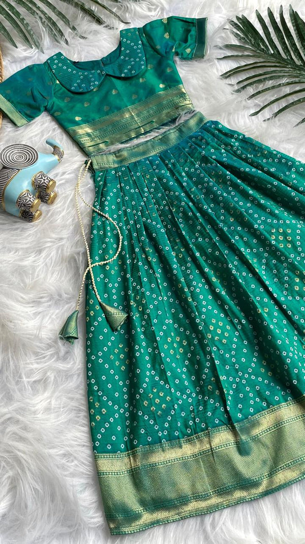 Beautilful Green Color Designer Bandhej Kids Lehenga Choli