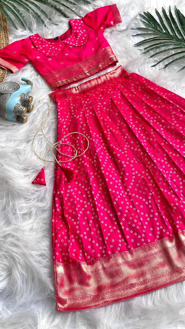 Beautilful Pink Color Designer Bandhej Kids Lehenga Choli