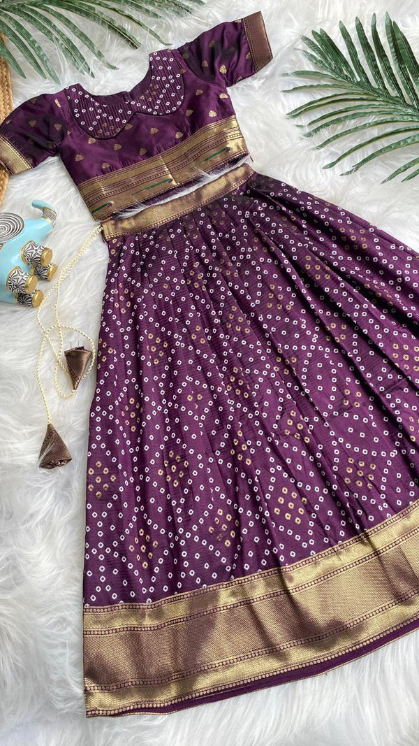 Beautilful Purple Color Designer Bandhej Kids Lehenga Choli