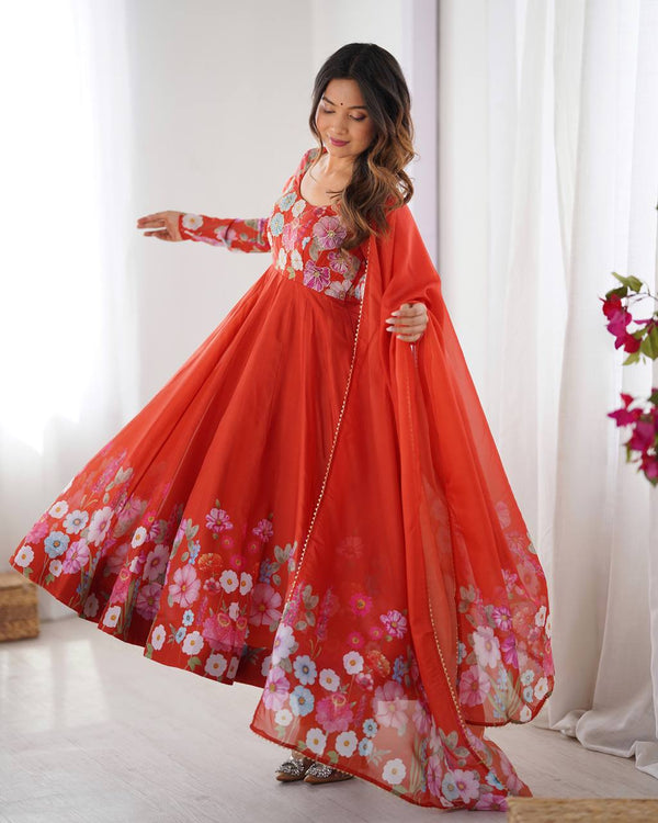 Festive Wear Pure Soft Organza Silk Print Multi Flower Print Orange Color Anarkali Suit