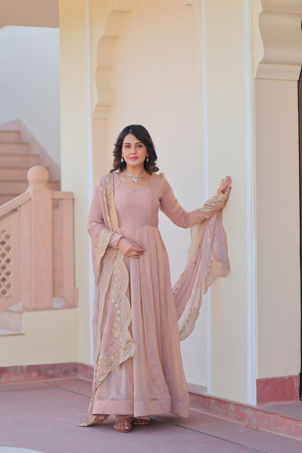 Wedding Wear Peach Color Stitched Designer Gown
