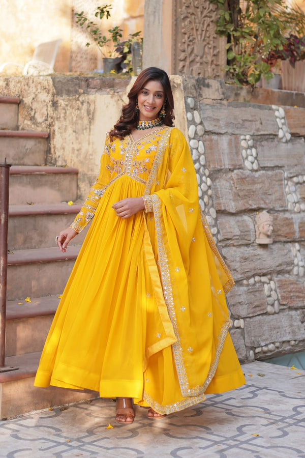 Marriage Special Yellow Color Embroidery Zari Sequins Work Designer Gown