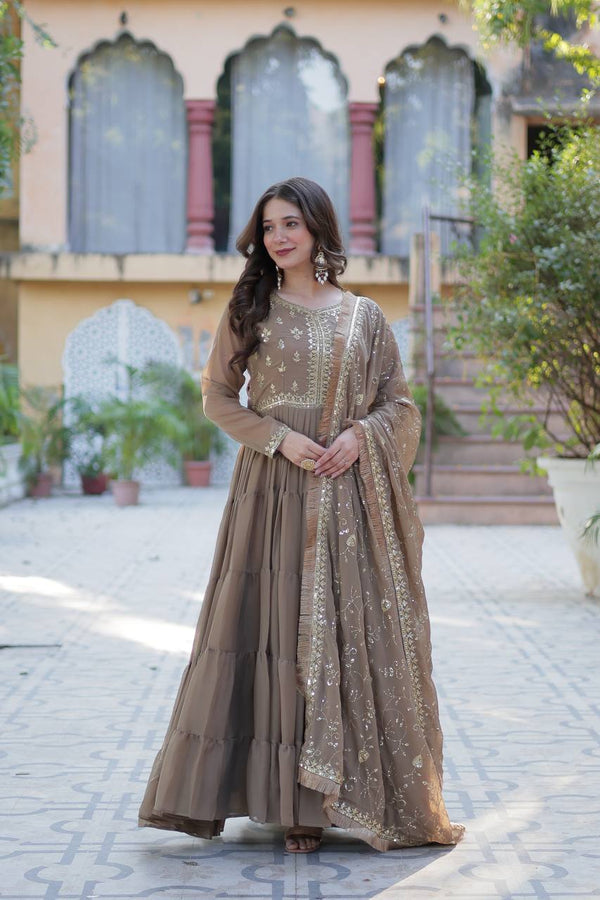 Party Wear Beige Color Designer Gown With Embroidered Dupatta