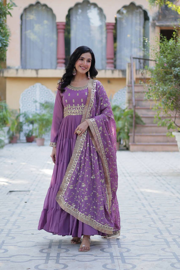 Party Wear Lavender Color Designer Gown With Embroidered Dupatta
