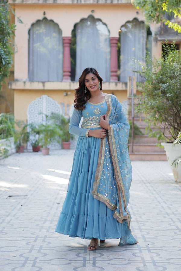 Party Wear Sky Color Designer Gown With Embroidered Dupatta