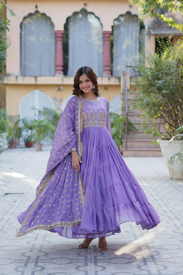 Party Wear Light Purple Color Designer Gown With Embroidered Dupatta