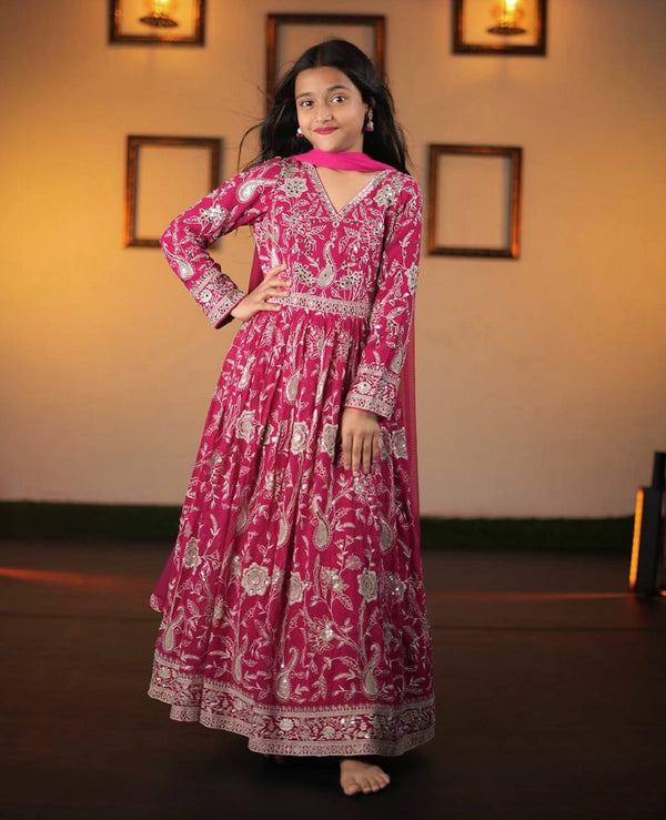 Designer Sequins Embroidered Pink Color Kids Gown Set