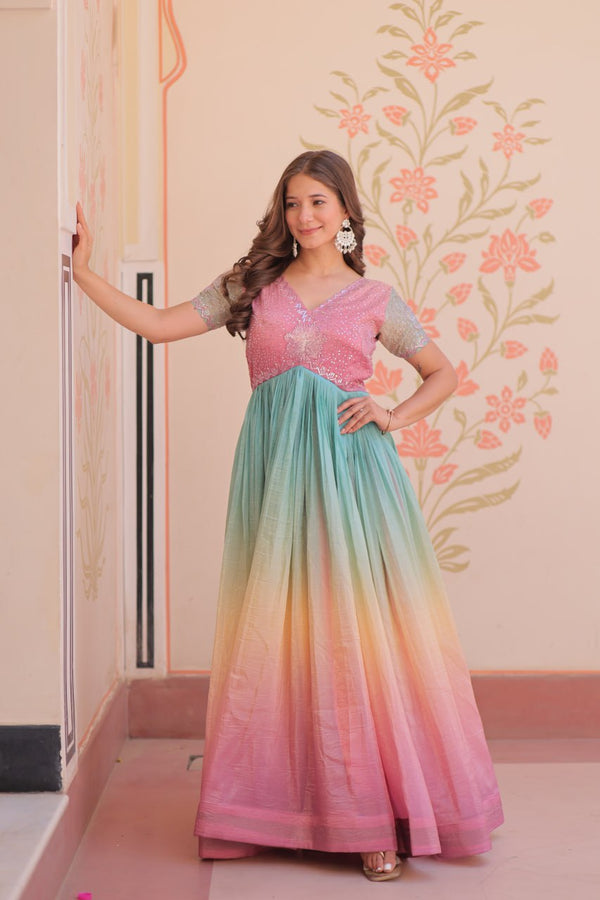 Bollywood Style Peach Color Beads Embroidered Work Gown