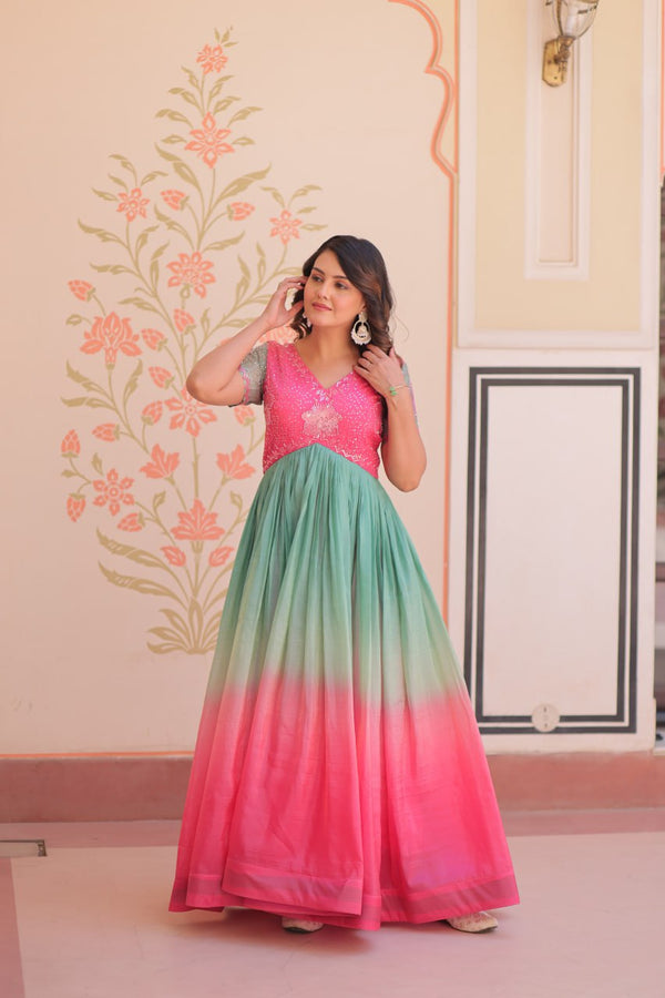 Bollywood Style Pink Color Beads Embroidered Work Gown
