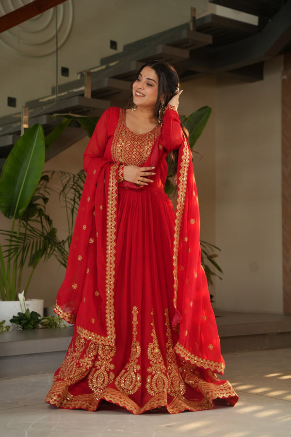 Reception Wear Red Color Embroidery Zari Sequins Work Designer Gown