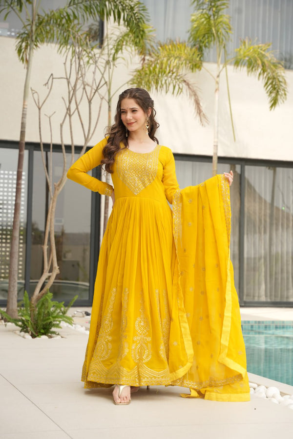 Reception Wear Yellow Color Embroidery Zari Sequins Work Designer Gown