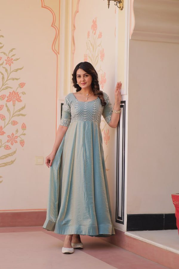 Beautiful Sky Color Embroidered Work Gown