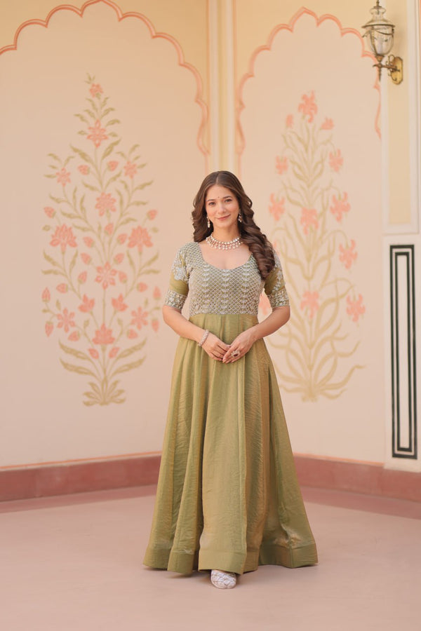 Beautiful Mahendi Color Embroidered Work Gown