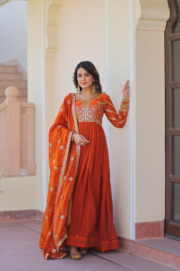 Wedding Wear Orange Color Zari And Sequins Embroidered Work Designer Gown