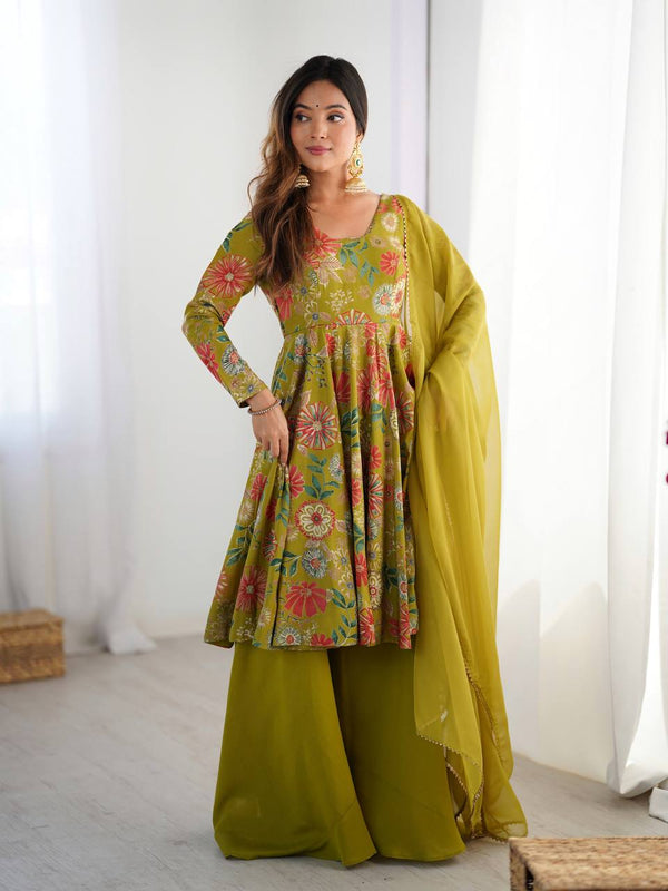 Festive Wear Green Color Heavy Pure Soft Roman Silk Chanderi Designer Palazzo Suit