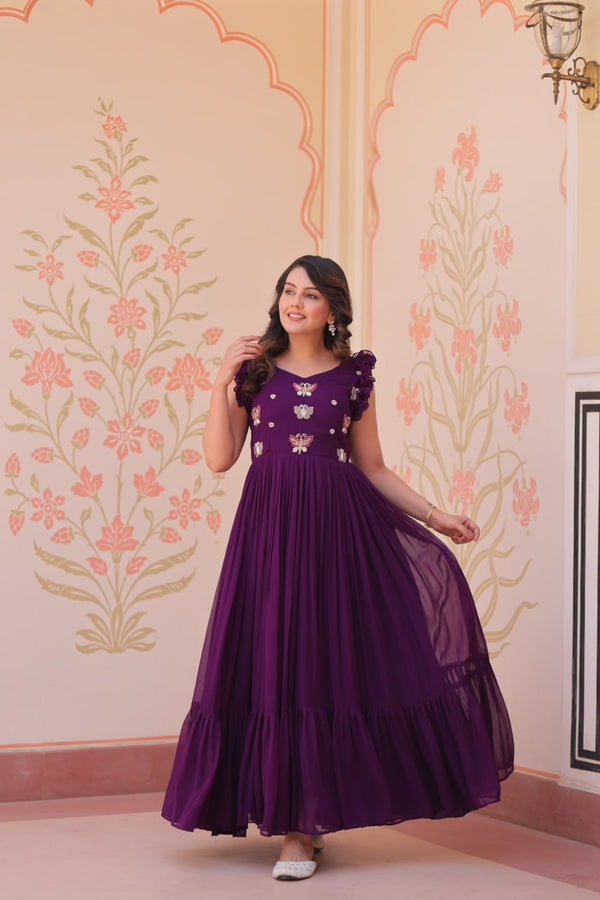 Ceremony Wear Purple Color Embroidered Work Gown